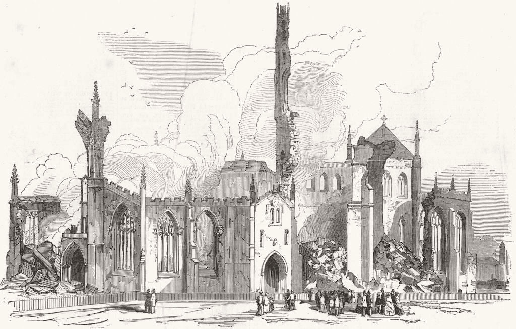 YORKS. St George's Church, Doncaster, burnt down 1853 old antique print